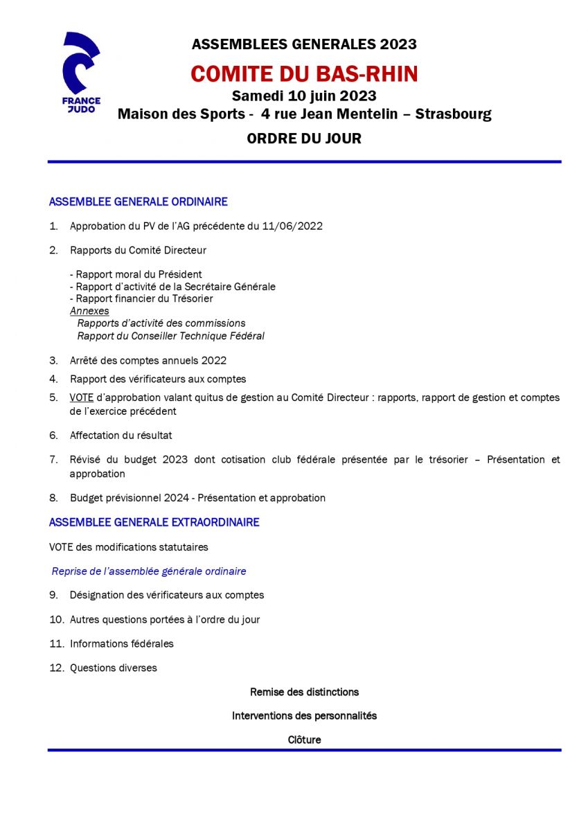 ASSEMBLÉE GÉNÉRALE 2023 - 10/06 | BAS RHIN JUDO